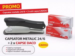 PROMOȚIE: Capsator metalic 24/6 negru + 2 cutii capse CADOU