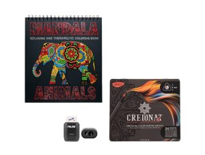 Pachet creativ Mandala Animale – Carte de colorat + 24 creioane colorate DACO + ascuțitoare cu radieră MILAN