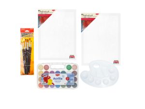 Set Pictură Acrilică – 2 Pânze 30x40 cm, 25 Culori Acrilice, 6 Pensule PN236 și Paletă PT110